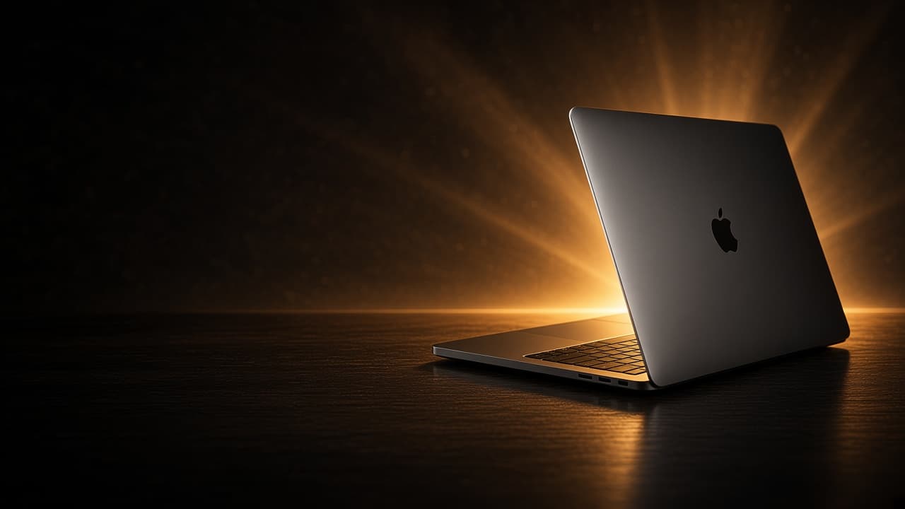 Laptop op een donker bureau in warm avondlicht
